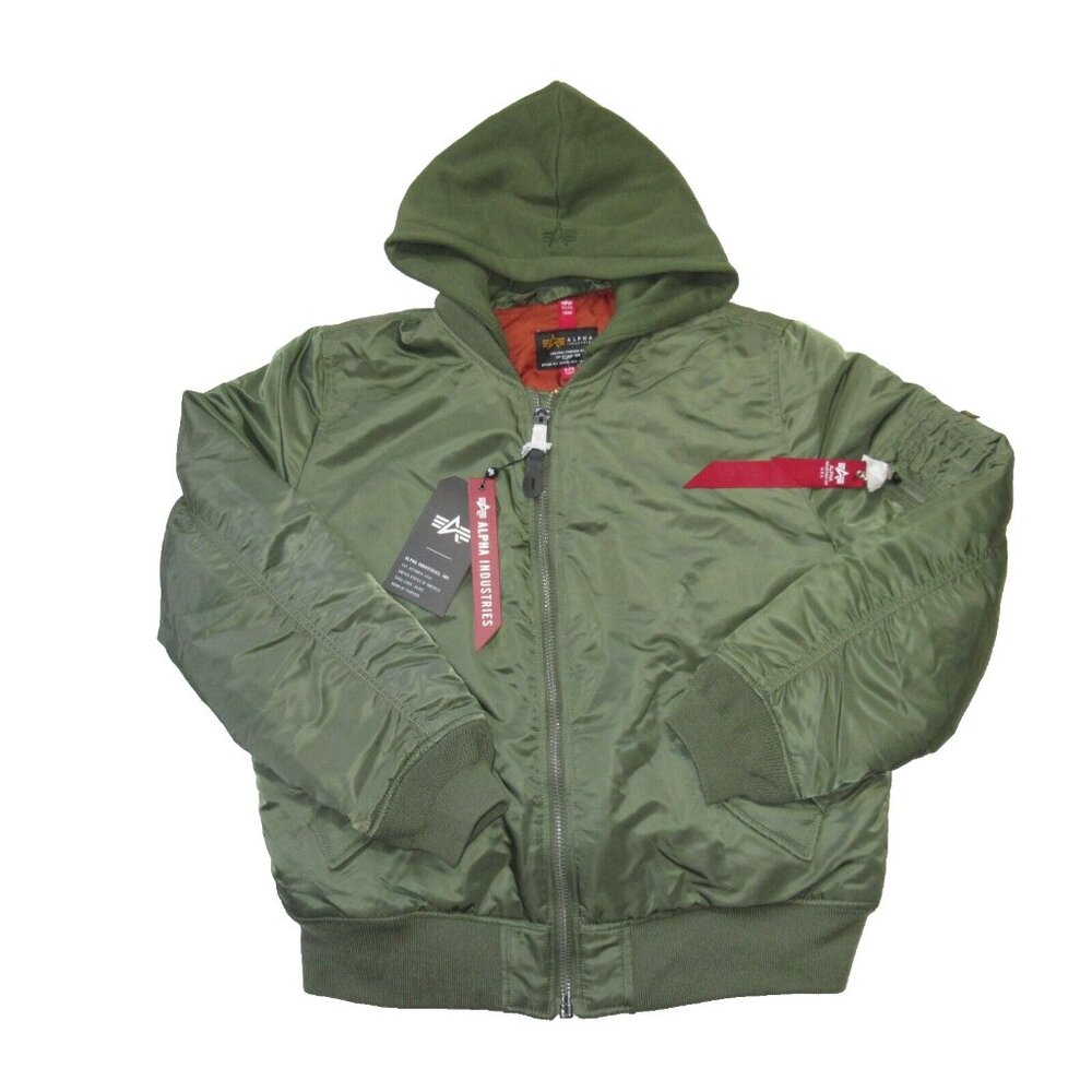 NWT Alpha Industries Women's MA-1 Natus in Moss Satin Hooded Bomber Jacket XL